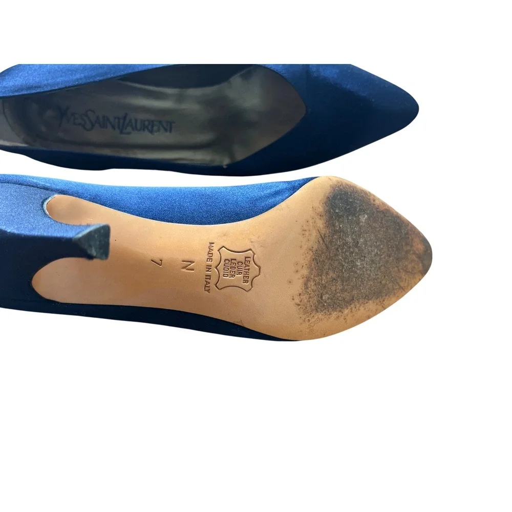 Yves Saint Laurent Vintage Navy Blue Satin Pointed Toe‎ Pumps Stiletto Heels 7N